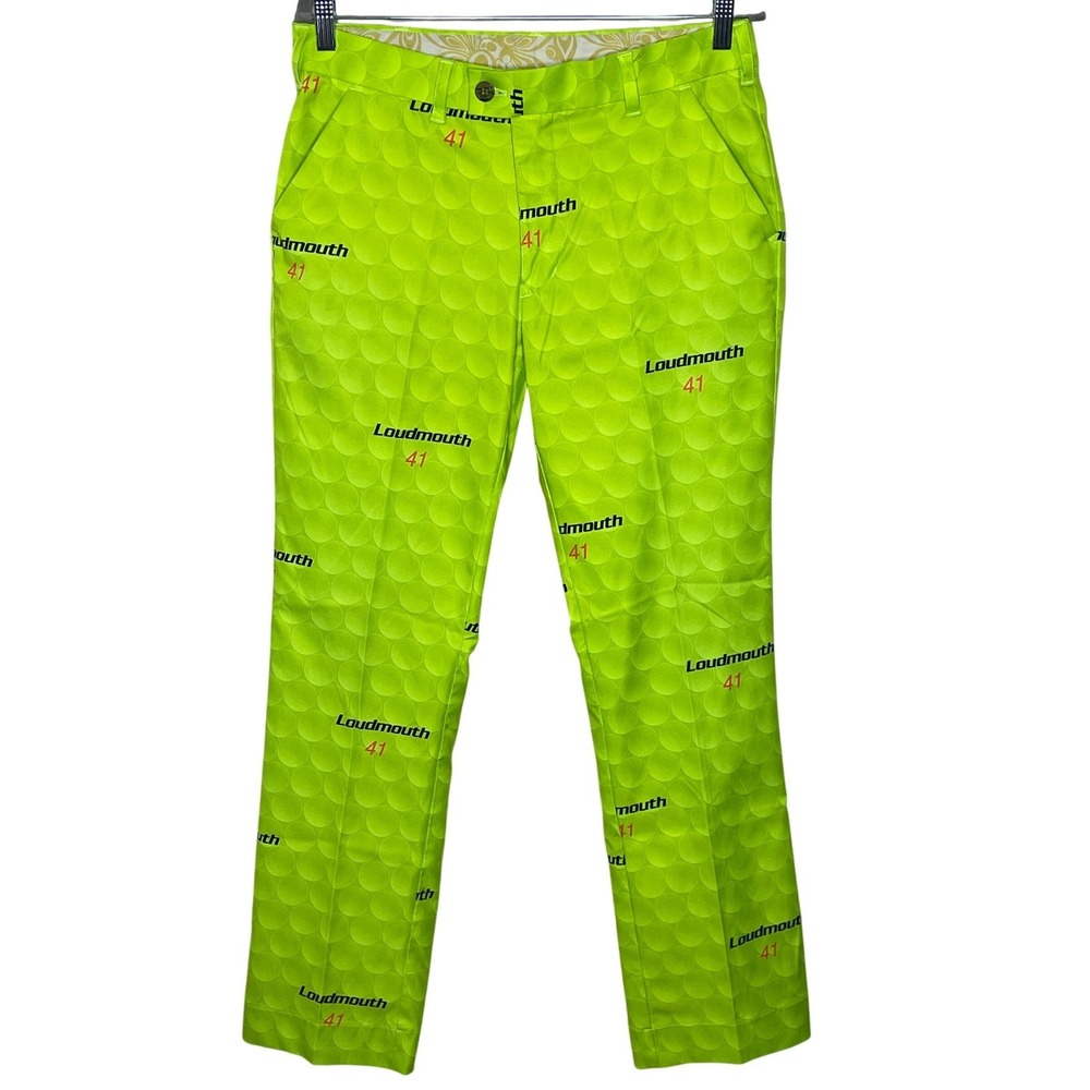 Loudmouth Golf Mens Neon‎ Lime Green Golf Ball Print Flat Front Pants 41 Logo